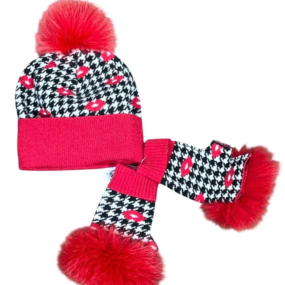 MITCHIE'S MATCHINGS Knit Hat & Fingerless Mitten Set in Red Lips Houndstooth NWT